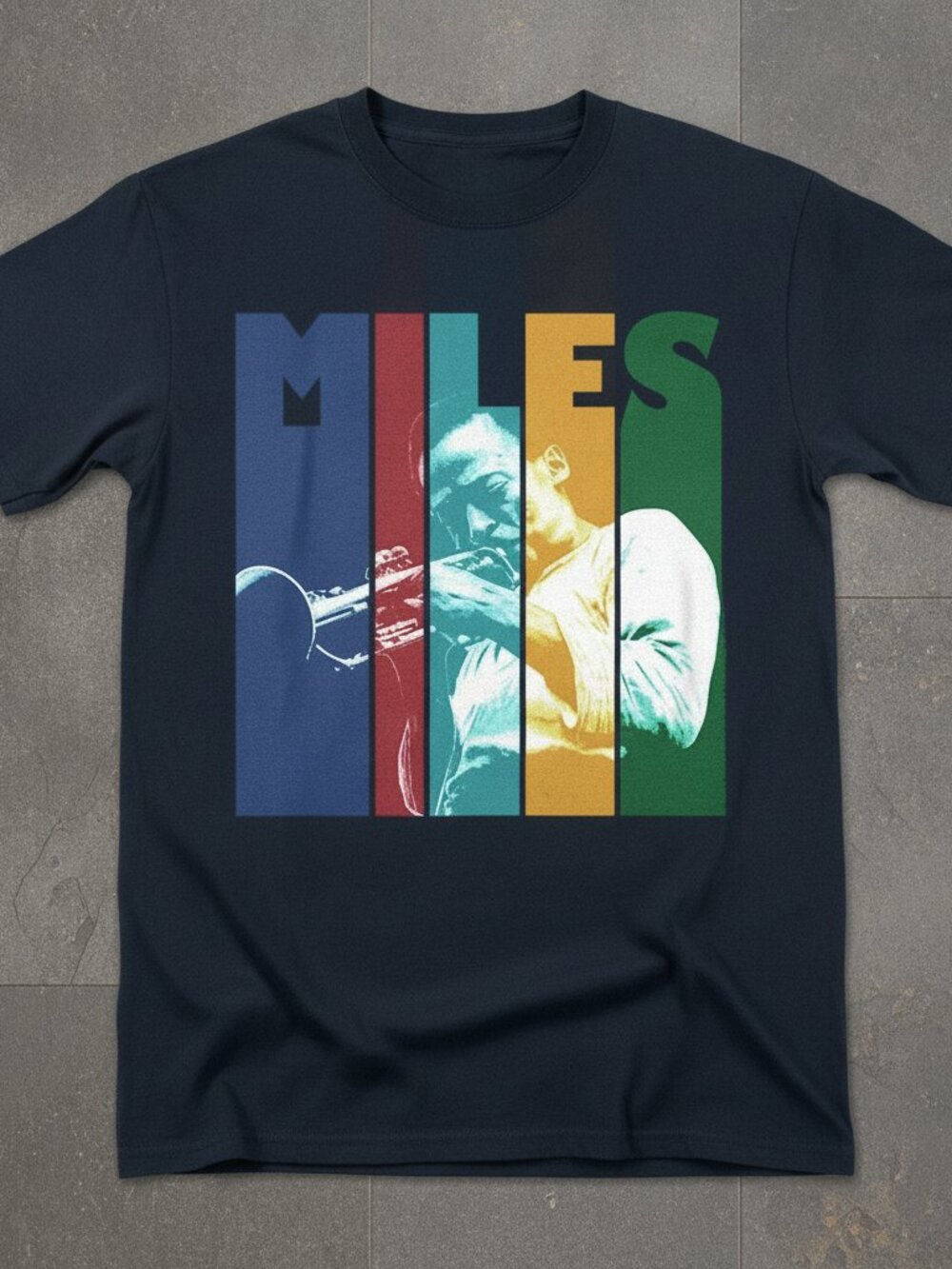 Miles Davis Color Block Jazz Trumpet Graphic Navy Blue T-Shirt